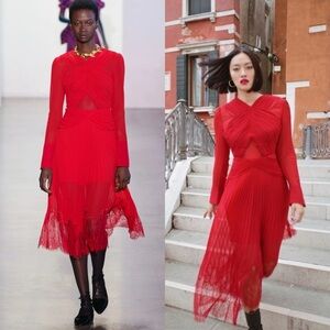 SELF PORTRAIT DARK RED CROSS FRONT LONG SLEEVE PLEATED SKIRT LACE MIDI DRESS